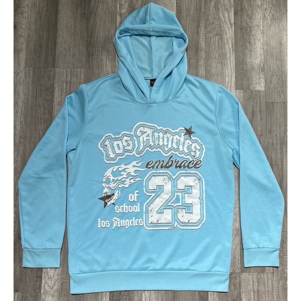 Manfinity Blue Graphic Print Fleece Pullover Hoodie Medium Men's Long Sleeve